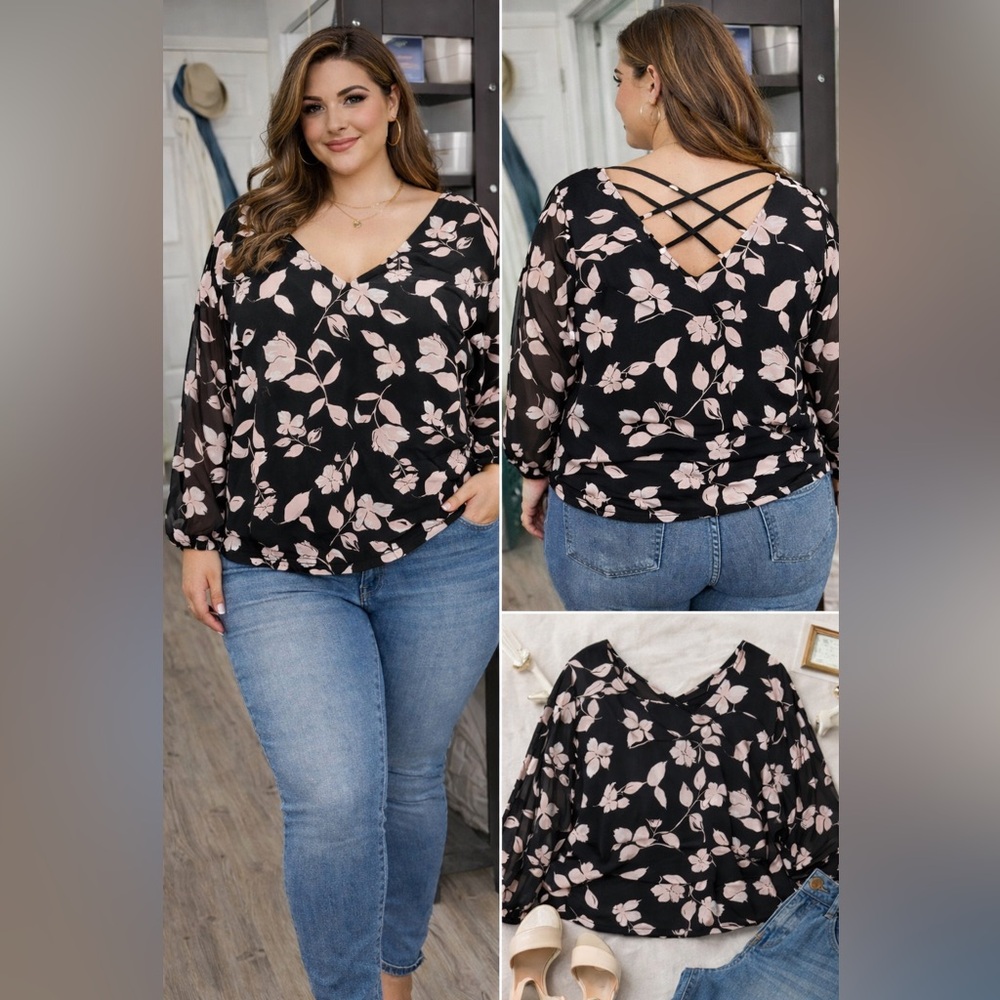 Torrid Floral V-Neck Women's Top - Black and Pink- Sz 1 ( plus size )
